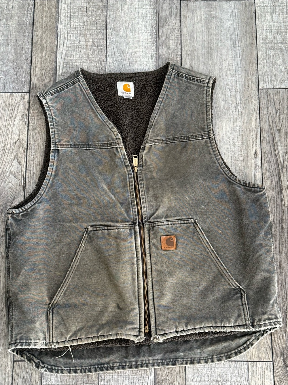 VINTAGE! Carhartt Brown/Gray Sherpa-Lined Duck Work Vest